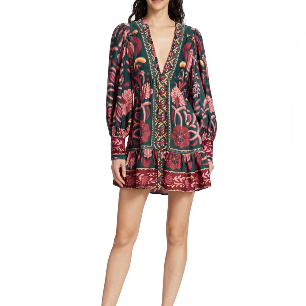 Farm Rio Seashell Tapestry Balloon-Sleeve Minidress